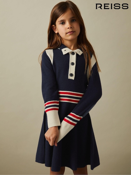 Reiss Navy Vienne 9-13 yrs Knitted Button-Through Funnel Neck Skater Dress (B10209) | 559 QAR