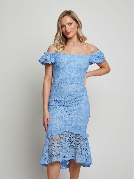 Chi Chi London Blue Bardot Premium Lace Peplum Midi Dress (B10270) | €51