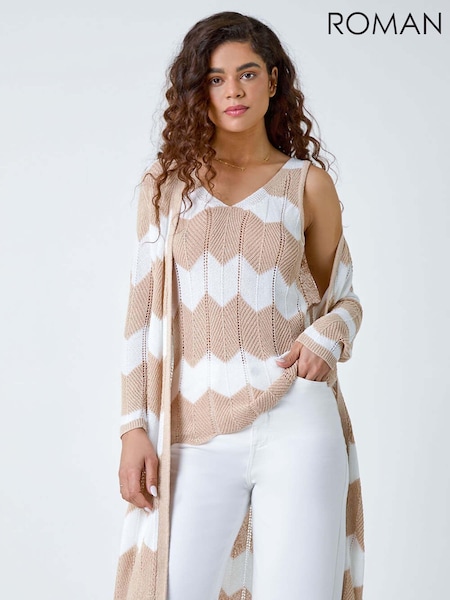 Roman Natural Chevron Stripe Shimmer Longline Cardigan (B10471) | ₪239