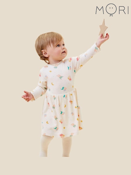 MORI Cream Organic Cotton and Bamboo Ribbed Peppa Pig Print Dress (B10500) | €20 - €21