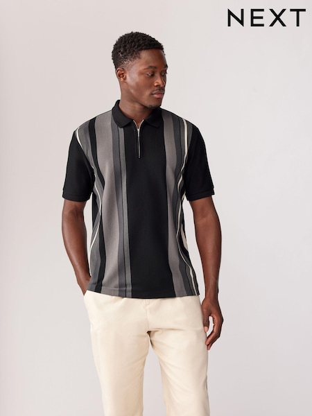 Black/White Vertical Stripe Quarter Zip Polo Shirt (B10951) | €34