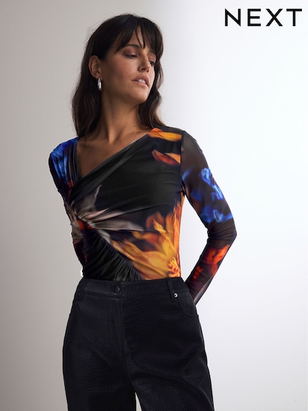 Albastru cu imprimeu abstract - Asymmetric Mesh Bodysuit (B10960) | 144 LEI