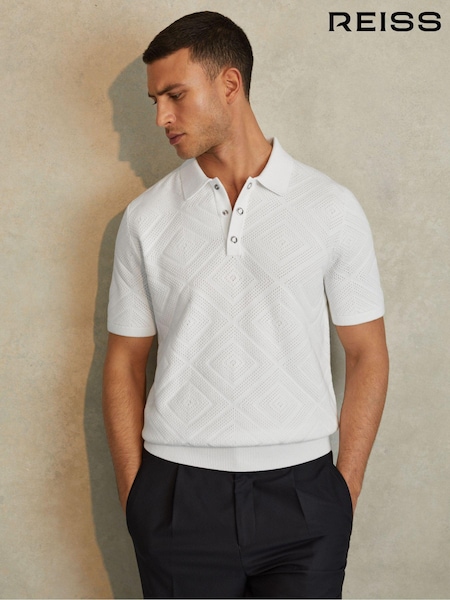 Reiss Optic White Lupton Cotton Textured Press-Stud Polo Shirt (B10976) | €70