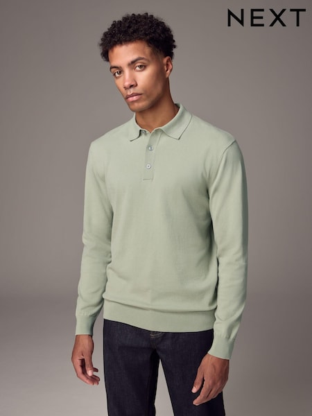 Light Green Regular Fit Knitted Long Sleeve Polo Shirt (B11020) | 69 QAR