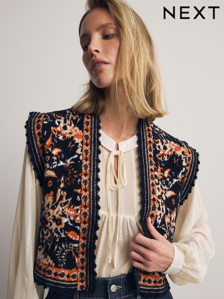 Черный - Sleeveless Pattern Graphic Knitted Waistcoat (B11072) | €21