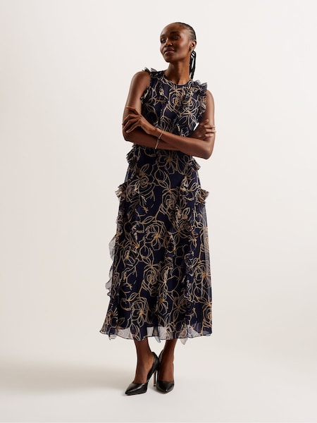 Ted Baker Blue Rize Sleeveless Waterfall Ruffle Midi Dress (B11144) | € 87