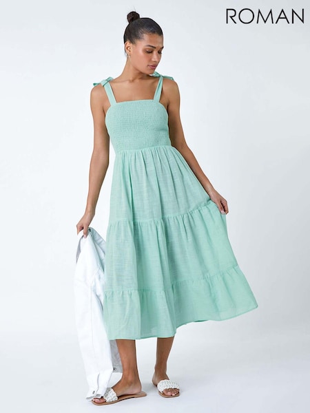 Roman Green 100% Cotton Shirred Tie Detail Tiered Midi Dress (B11222) | €32