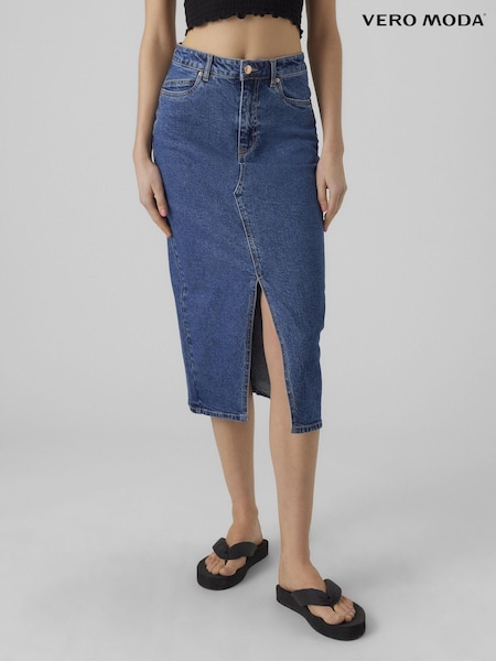 VERO MODA Mid Blue Denim Midi Skirt With Front Split (B11272) | €28