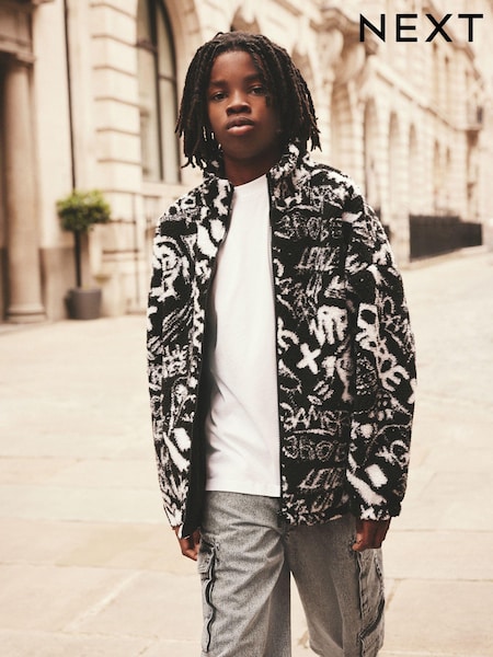 Black/White Printed Zip Through Borg Fleece (3-16yrs) (B11309) | €16 - €20
