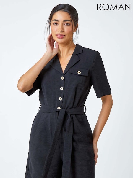 Roman Black Textured Tie Waist Playsuit (B11345) | €39