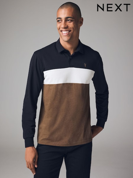 Black/Brown Long Sleeve Button Up Block 100% Cotton Polo Shirt (B11441) | €13