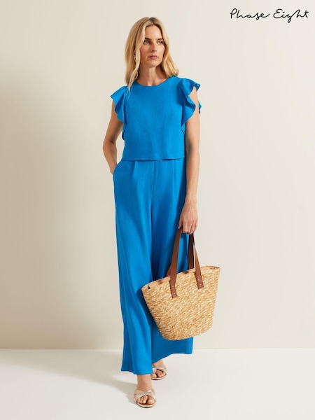 Phase Eight Blue Aubrey Linen Blend Frill Jumpsuit (B11615) | €51