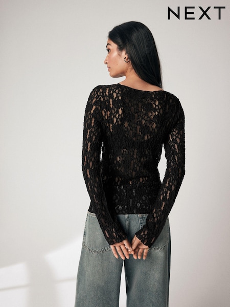 Black Slash Neck Long Sleeve Lace Top (B11642) | €15