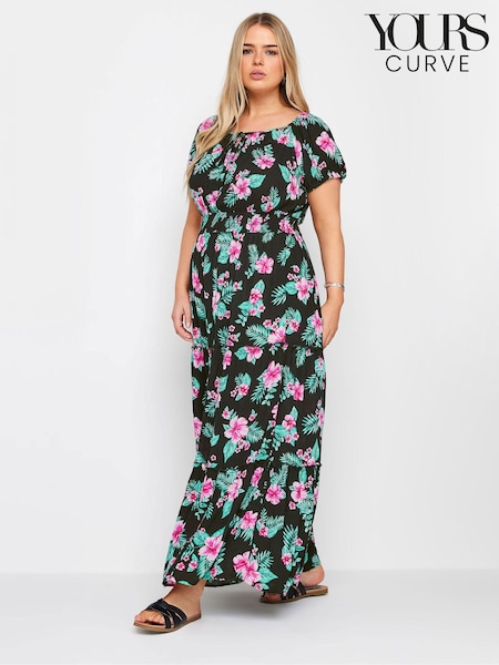 Yours Curve Black Black Floral Tropical Print Bardot Maxi Dress (B11784) | €48
