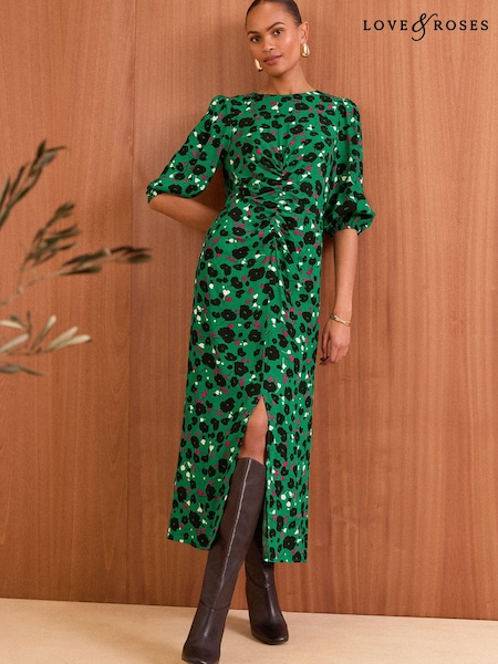 Love & Roses Printed Twist Detail 3/4 Sleeve Midi Dress (B11834) | 196 LEI