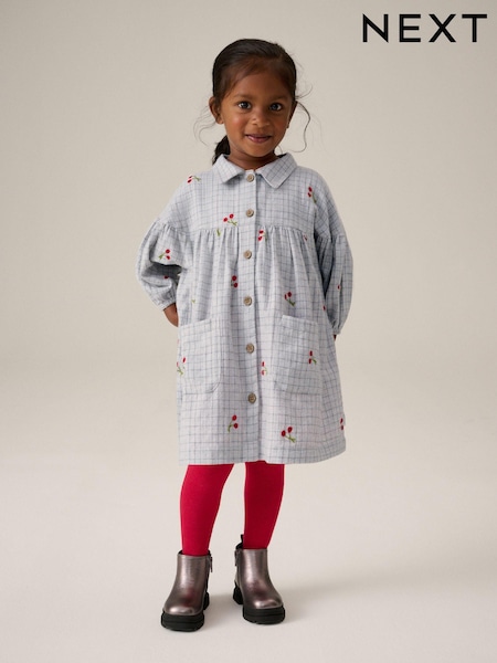Grey Cherry 100% Cotton Shirt Dress And Tights Set (3mths-8yrs) (B11897) | AED74 - AED95