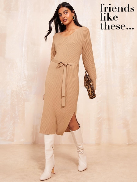 Friends Like These Camel Petite V Neck Belted Midi Dress (B11902) | €19