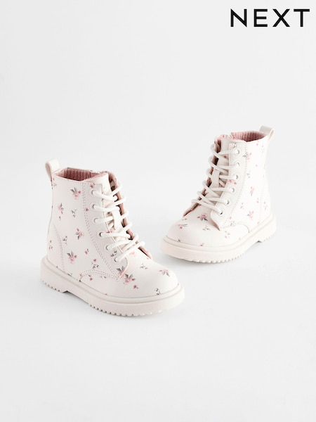 Neutral White Standard Fit (F) Floral Lace Up Ankle Boots (B12011) | $45 - $51