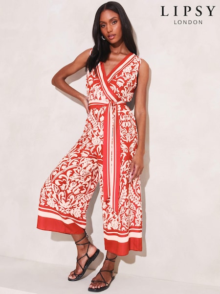 Lipsy Red Wrap Belted Culotte Wide Leg Jumpsuit (B12079) | €25