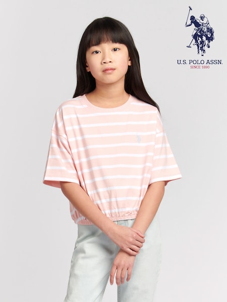 U.S. Polo Assn. Pink Girls Elastic Hem Striped 100% Cotton T-Shirt (B12084) | ₪101 - ₪121