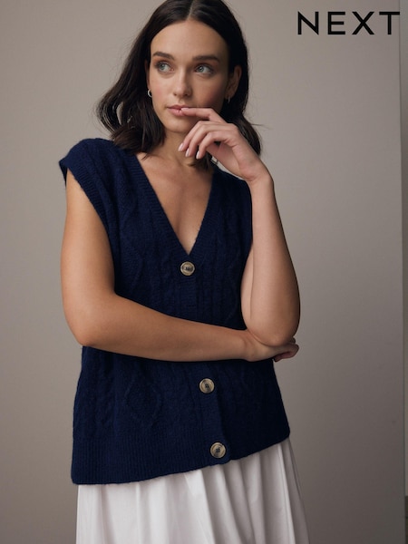 Blue Navy Sleeveless Button Through Cable Knitted Waistcoat (B12108) | AED93