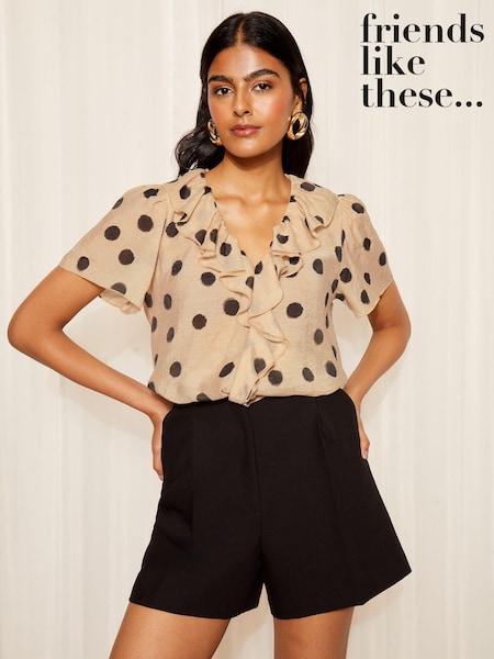 Friends Like These Camel Polka Dot Ruffle Front Puff Sleeve Blouse (B12125) | €20