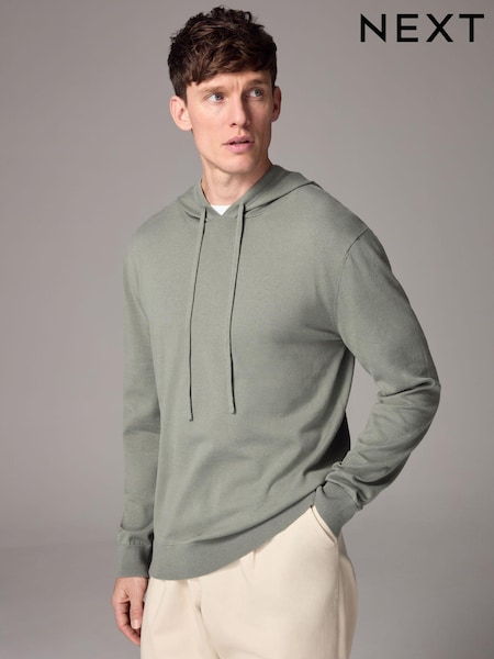 Sage Green Regular Fit Cotton Rich Knit Hoodie (B12223) | AED70
