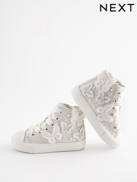 White Glitter Flower Girl High Top Trainers (B12328) | $42 - $47