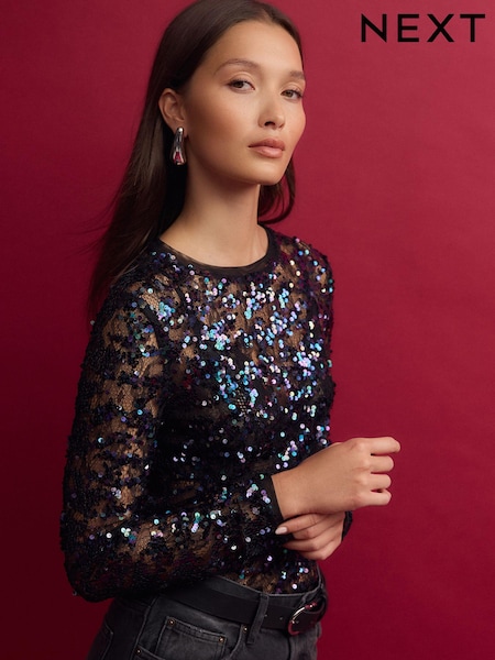 Blue Sequin Lace Long Sleeve Top (B12589) | € 45