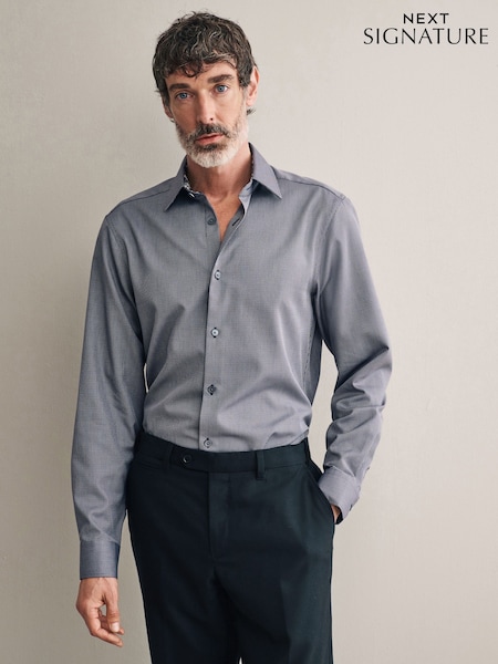 Charcoal Grey Regular Fit Signature Textured 100% Egyptian Cotton Trimmed Shirt (B12763) | kr780