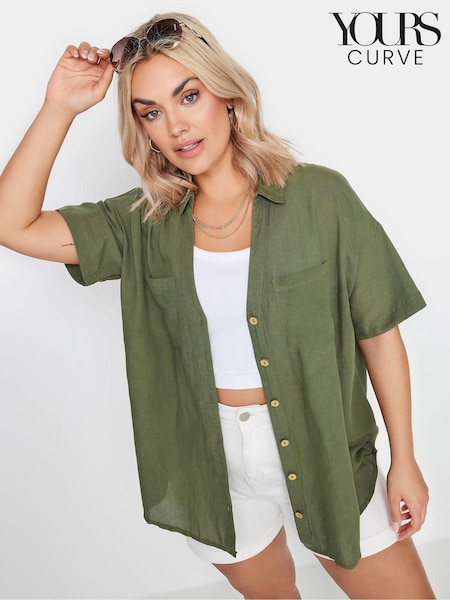 Yours Curve Khaki Green Utility Linen Shirt (B12773) | €34