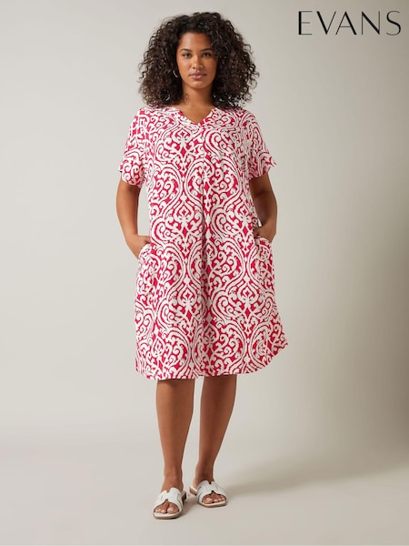 Evans Red Curve Abstract Print Pleat Front Midi Dress (B12845) | €21