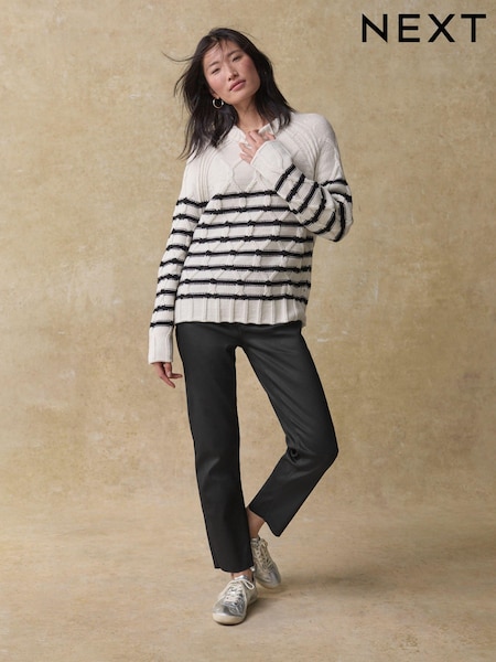 Black/White Stripe Crew Neck Cable Knitted Jumper With Wool (B12953) | kr459