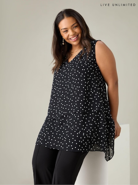 Live Unlimited Black Curve Petite Mono Spot Print Layered Tunic (B14008) | €38