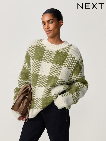 Green Olive Check Crew Neck Knitted Tunic (B14128) | AED121