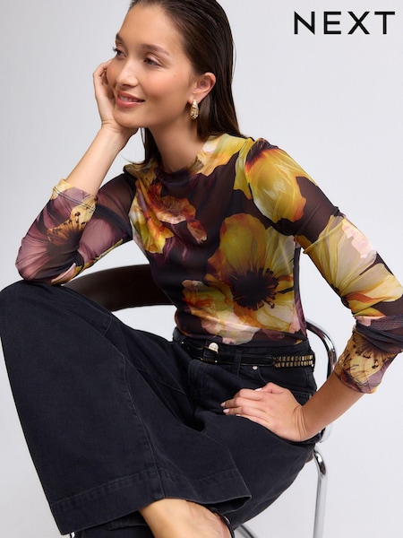 Black/Pink Floral Print Long Sleeve Floral Mesh Top (B14165) | AED70
