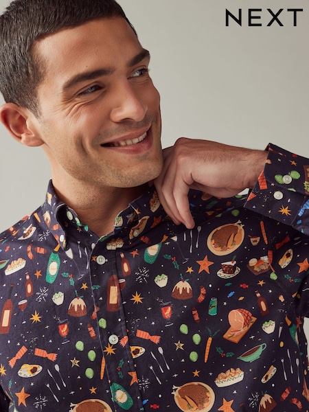 Navy Blue Christmas Dinner Long Sleeve Christmas Print 100% Cotton Oxford Shirt (B14167) | AED98