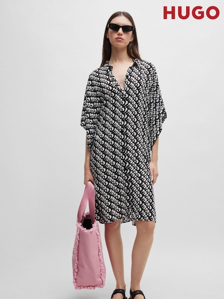 HUGO Short-Sleeved Beach Black Dress With All-Over Logo Print (B14190) | €49