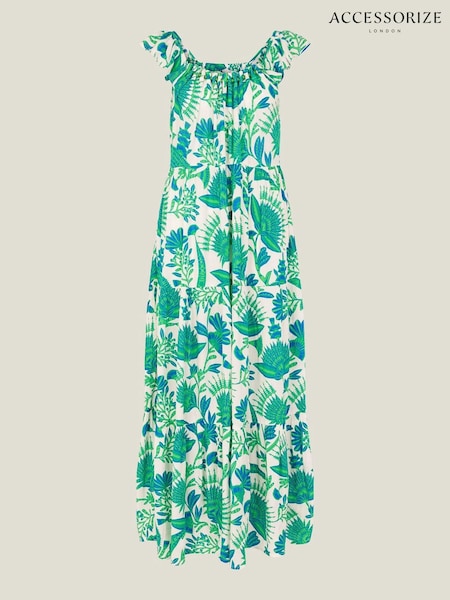 Accessorize Green/White Fan Print Beaded Tiered Dress (B14200) | €34