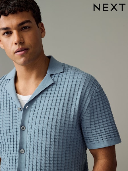 Blue Regular Fit 100% Cotton Short Sleeve Cuban Collar Textured Knit Shirt (B14414) | €39