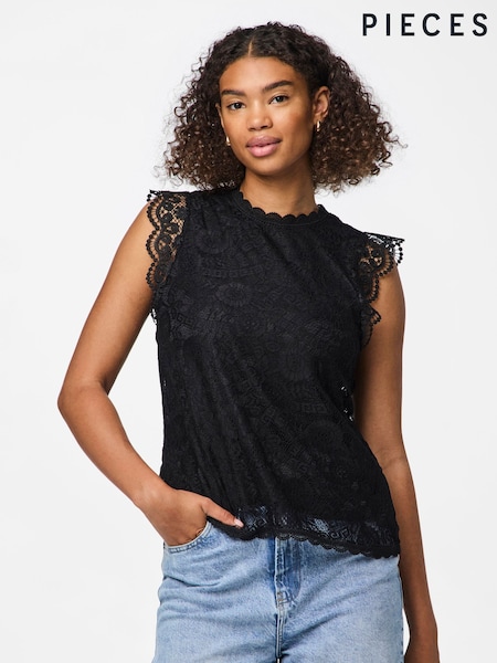 PIECES Black Lace Detail Top (B14417) | ₪121