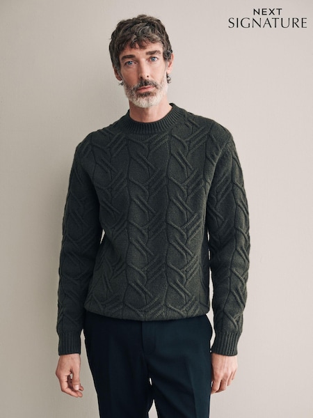 Green Regular Fit 100% Italian Merino Signature Cable Crew Jumper (B14424) | €38