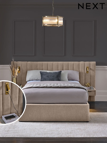 Relaxed Chenille Light Natural Mayfair Upholstered Hotel Bed Frame with Ottoman Storage Bedside Tables and Lights (B14465) | €1,550 - €1,800
