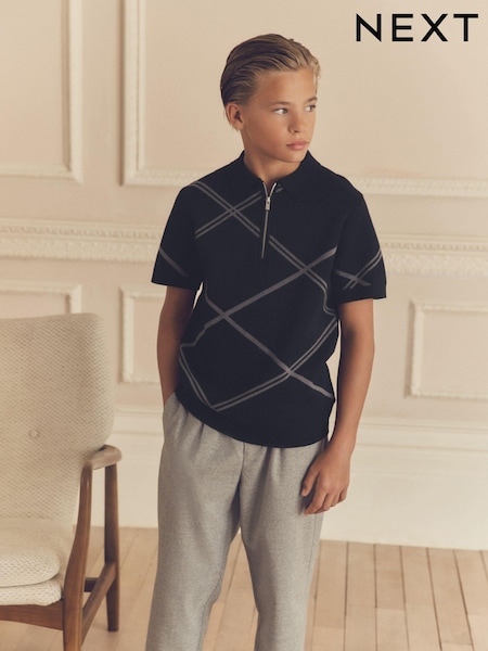 Black Argyle 100% Cotton Knitted Zip Neck Polo Shirt (3-16yrs) (B14475) | 576 UAH - 782 UAH