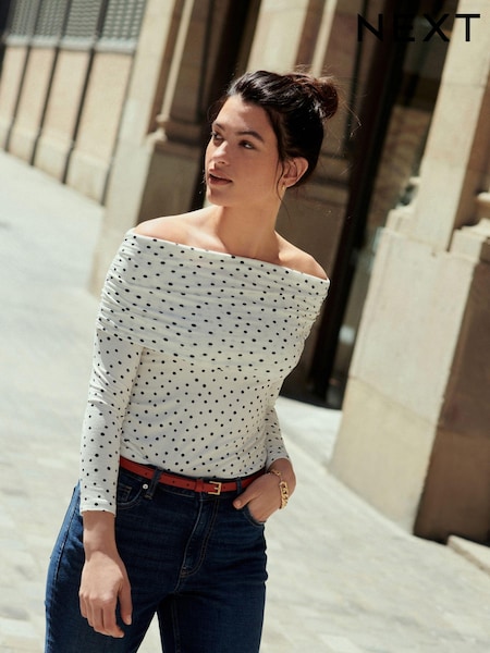 Weiß/Schwarz mit Punkten - Bardot Off The Shoulder Long Sleeved Top (B14495) | 10 €