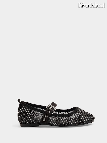 River Island Black Girls Mesh Diamante Ballerinas (B14504) | AED105