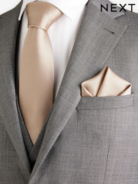Neutral Brown Silk Tie And Pocket Square Set (B14505) | €32