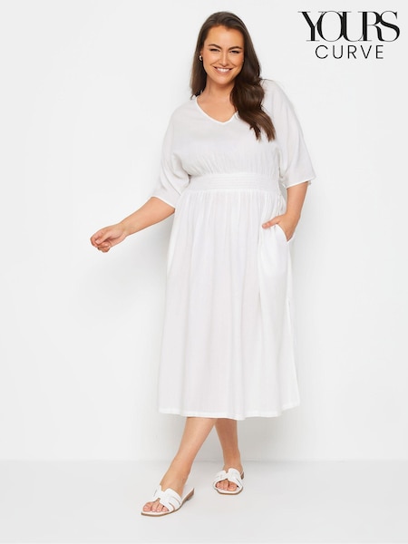 Yours Curve White LIMITED COLLECTION Linen Shirred Midaxi Dress (B14535) | €42