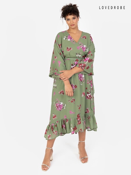 Зеленый - Lovedrobe Wrap Kimono Dress With Ruffled High Low Hem (B14587) | €14
