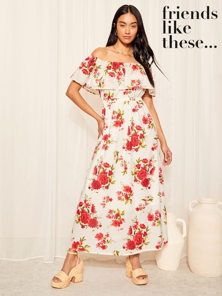 Alb - Friends Like These Bardot Elastic Bumbac Popelin Midi Rochie (B14606) | 188 LEI